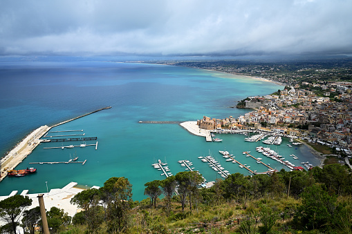 Aerial view Bay of Castellammare and harbor, Sicily, Italy.