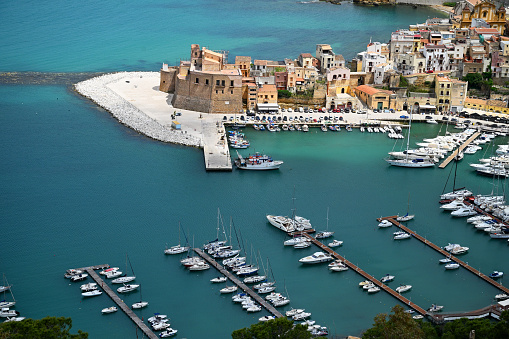 Aerial view Bay of Castellammare and harbor, Sicily, Italy.