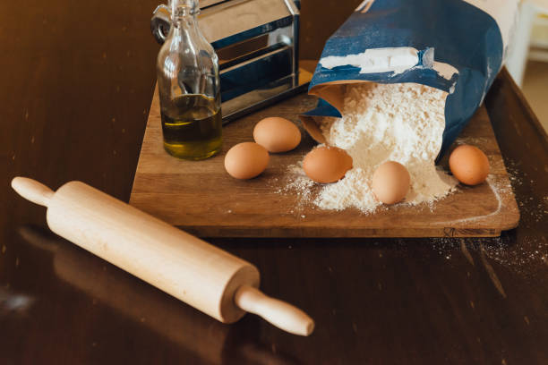 Ingredients for italian pasta preparation stock photo