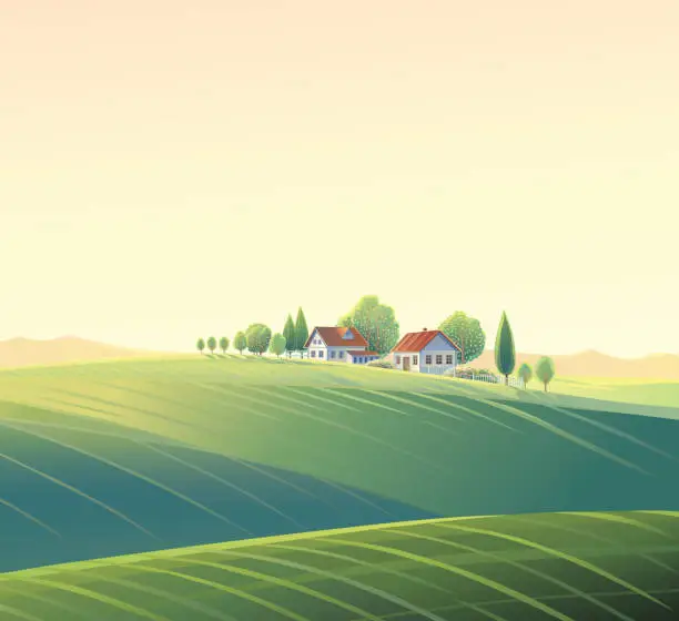 Vector illustration of Rural summer landscape with village, and hills.