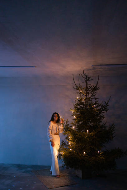 jovem linda menina feliz sorrindo sentado perto da árvore de natal - christmas tree standing clothing adventure - fotografias e filmes do acervo