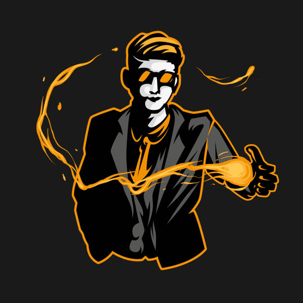 ilustrações de stock, clip art, desenhos animados e ícones de illustration of a young magician wearing suit performing lightning trick - magic circus wand circus theatrical performance stage theater