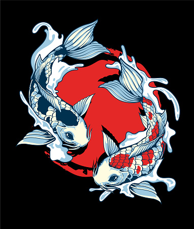 Detailed Hand Drawing Illustration of Two Koi Fish Swimming in the Waves with a Red Circle Background. Vector Symbolizing Yin and Yang Balance as well as Tao and Zen concepts. Suitable for T-shirts and Posters and Other Purposes.