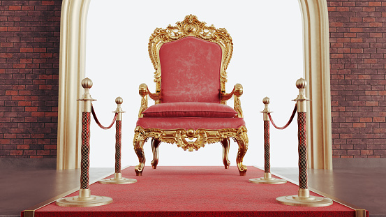 Throne of the kings front of arch door, VIP throne, Red royal throne, 3d render