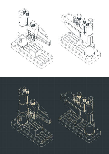 드릴링 머신 아이소메트릭 블루프린트 - blueprint industry production line machine stock illustrations