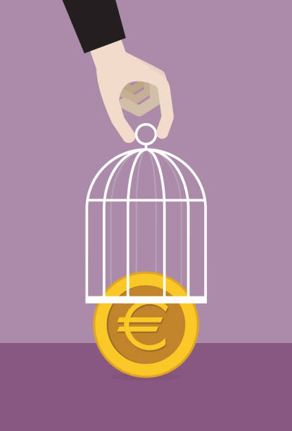 Businessman impounds a euro coin by a cage Businessman impounds a euro coin by a cage debt ceiling stock illustrations