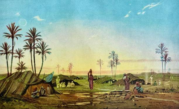 Bedouin camp in the desert Illustration from 19th century. desert camping stock illustrations