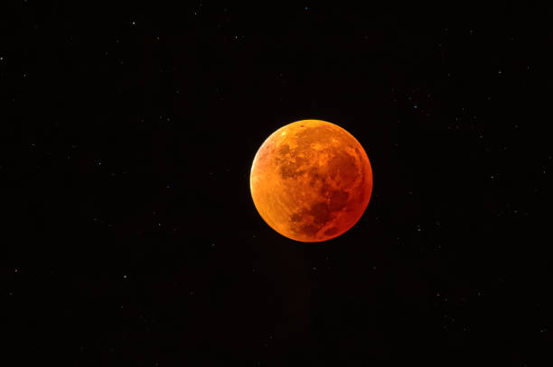 totale mondfinsternis. blutroter mond. super mond am schwarzen himmel. raumansicht mit sternen. - full moon moon lunar eclipse red stock-fotos und bilder