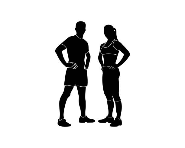 couple Fitness man and women silhouette Couple Fitness Silhouette Silhouette of a man athlete and woman muscle strength icon stock illustrations