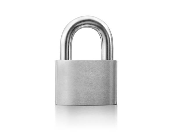 запертый серебряный замок на белом фоне - padlock стоковые фото и изображения