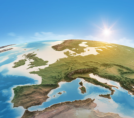 Physical map of Planet Earth, focused on Western Europe. Satellite view, sun shining on the horizon. 3D illustration (Blender software), elements of this image furnished by NASA (https://eoimages.gsfc.nasa.gov/images/imagerecords/147000/147190/eo_base_2020_clean_3600x1800.png)