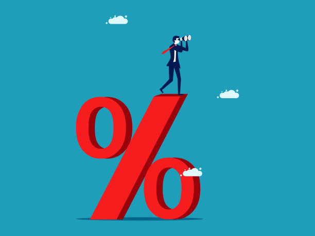 istock percentage concept. Businessman looking through a telescope standing on a percentage sign. business concept 1397733989