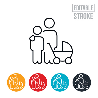 An icon of a single mother with a baby stroller and another child at her side. The icon includes editable strokes or outlines using the EPS vector file.