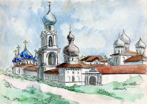 istock Watercolor painted architectural ink and pen sketch. Yuriev Monastery in Velikiy Novgorod 1397734618