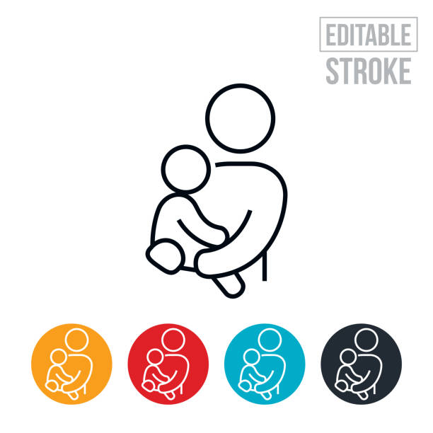 Mother Holding Child On Hip Thin Line Icon - Editable Stroke vector art illustration