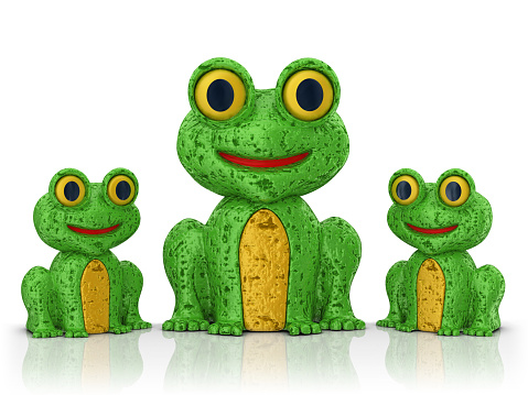 3d render. Three green frogs isolated on white background.