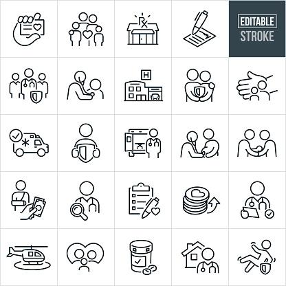 A set of health insurance icons that include editable strokes or outlines using the EPS vector file. The icons include a hand holding an insurance card, family of four, pharmacy, insurance contract, team of medical doctors, person getting check-up from doctor using a stethoscope, hospital with emergency room, couple holding a shield, hand protecting a single parent and child, ambulance, person holding a shield, doctor checking the stomach of a pregnant woman, couple holding a newborn baby in arms, person with broken arm getting an insurance payout, doctor search using insurance, checklist on clipboard, rising cost of health care, doctor covered under insurance policy, insurance policy, medical helicopter, family of three, prescription medication, home health care and a person covered by insurance from fall.