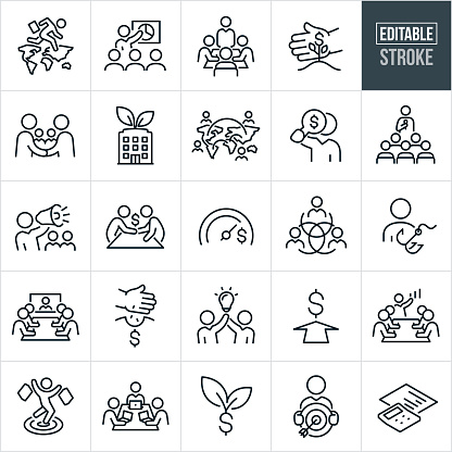 A set of business development icons that include editable strokes or outlines using the EPS vector file. The icons include a business person with briefcase doing business internationally by jumping from one country to the next, business leader giving sales growth presentation, manager in boardroom working with employees on business development, hand protecting a young plant with dollar sign helping it to grow, business people shanking hands to represent business development, business marketing represented by a businessman using a bullhorn to spread message, business with plant represent growth, international business, businessman with magnifying glass searching for money growth opportunities, two business people shaking hands across boardroom table, financial growth meter, business development meter, employees watching video conference from boardroom, hand planting seeds with dollar sign to represent company growth, two business people holding up lit light bulb, sales presentation, shopper as target market, dollar sign growing, businessman holding target with arrow in bullseye and a calculator with growth charts to name a few.