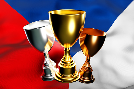 3d illustration of a cup of gold, silver and bronze winners on the background of the national flag of Czech. 3D visualization of an award for sporting achievements