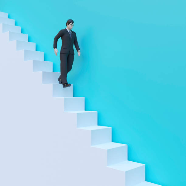 istock businessman walk down stairs. 3D render 1397737395