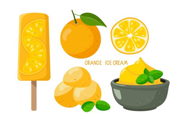 ilustrações, clipart, desenhos animados e ícones de sobremesas de gelo de laranja. frutas de laranja, sorvete na vara, bolas de sorvete, tigela com sobremesa. doce deliciosa sobremesa de verão congelado. ilustração vetorial plana para design, pôster, banner, menu, receita - creamsicle