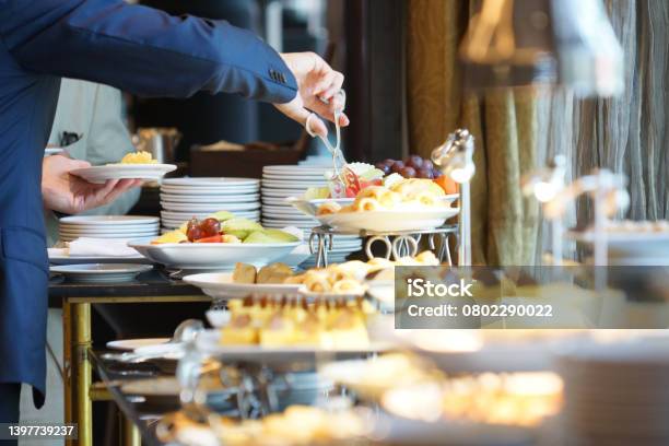 International Buffet In The Hotel For Meetings And Seminars Dining Together Stock Photo - Download Image Now