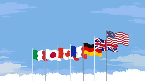 Vector illustration of The flags of the G7 flying.