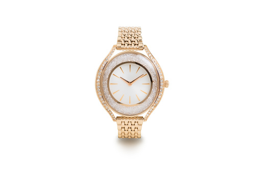 Luxury watch isolated on white background. With clipping path. Gold and diamond watch. Women watch. Female watch.