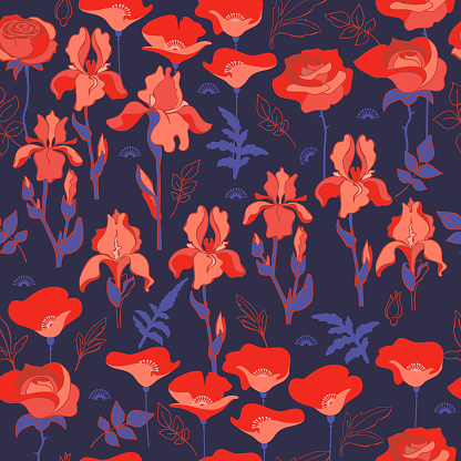 Red flowers on blue background. Seamless pattern with irises, roses and poppies. Floral Vector flat illustration. Fashion print. Vintage wallpaper. Romantic botanical backdrop. Surface design.