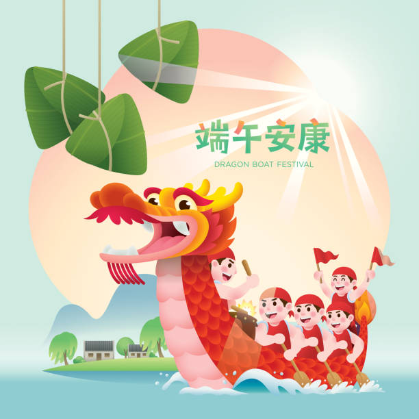 illustrations, cliparts, dessins animés et icônes de festival de bateaux-dragons avec de délicieuses boulettes. légende : bonne santé et bien-être. - dragon boat racing nautical vessel dragon red