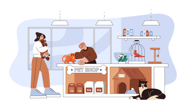 płaskie wnętrze sklepu zoologicznego ze zwierzętami domowymi i klientami - domestic cat animals feeding pet food food stock illustrations