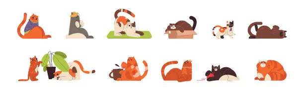 Vector illustration of Flat cute ginger cats in different funny poses playing and relaxing