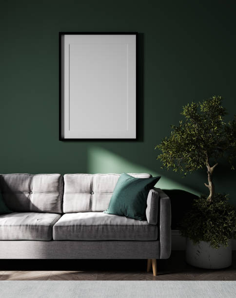 ホームインテリアのフレームモックアップ、ダークグリーンのリビングルーム、3dレンダリング - vehicle interior green sofa indoors ストックフォトと画像