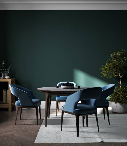 istock Home interior, modern dark dining room interior, green empty wall mock up, 3d render 1397744079