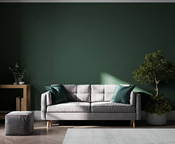 緑の壁とグレーのソファ、リビングルームのテーブルと装飾、3dレンダリングを備えたホームインテリアモックアップ - vehicle interior green sofa indoors ストックフォトと画像