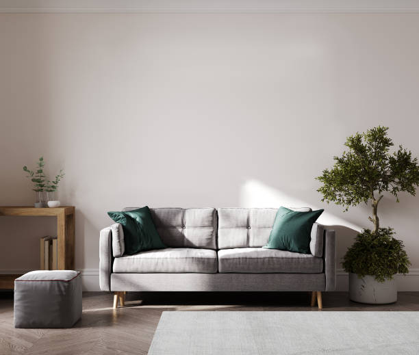 istock Stylish living room interior mockup with empty light wall and sofa, 3d rendering 1397744083