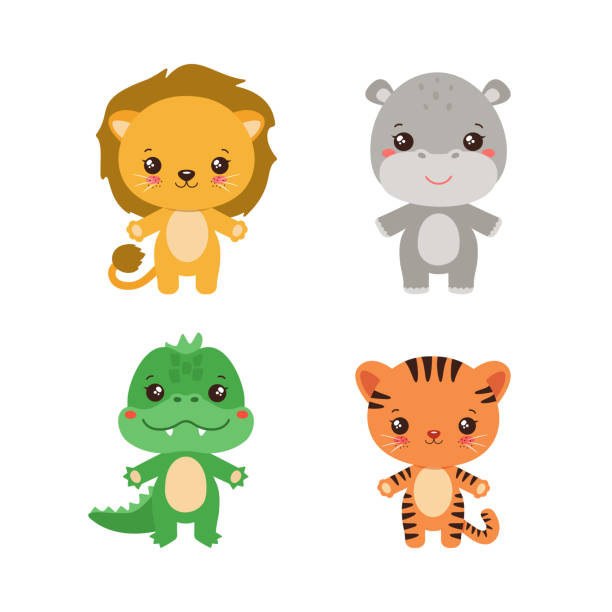 entzückende babytiere im kawaii-stil. - babytiger stock-grafiken, -clipart, -cartoons und -symbole