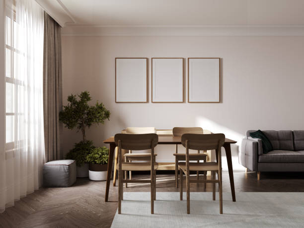 istock Blank vertical poster frames mock up in Modern room interior background with beige wall and stylish furniture, 3d rendering 1397744909