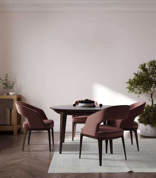 istock Room interior with pink dining table and chairs, white wall and green plant, 3d rendering 1397744916