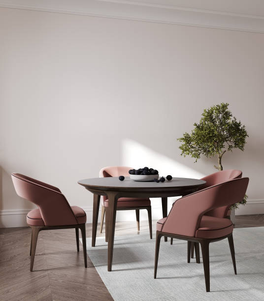 istock Modern room minimalist interior with white all with sunlight and shadow, wooden table and chair, dining room, 3d rendering 1397744922
