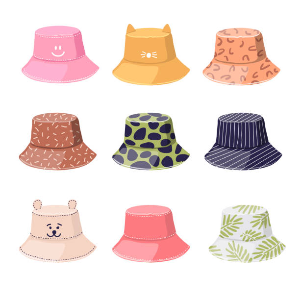 Set of colorful panama hats isolated on white background. Hats in cartoon style. Women's and men's accessories. Set of colorful panama hats isolated on white background. Hats in cartoon style. Women's and men's accessories. Vector illustration. bucket hat stock illustrations