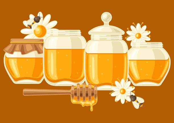 ilustraciones, imágenes clip art, dibujos animados e iconos de stock de ilustración de la miel. imagen para la industria alimentaria y agrícola. - chamomile plant glass nature flower