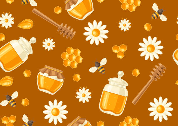 Seamless pattern with honey items. Image for food and agricultural industry. Seamless pattern with honey items. Image for business, food and agricultural industry. beehive hairstyle stock illustrations