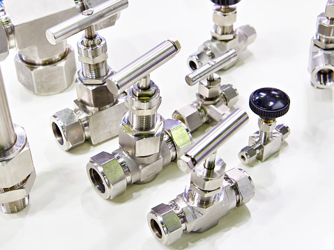 Metal needle valves for pipes in store