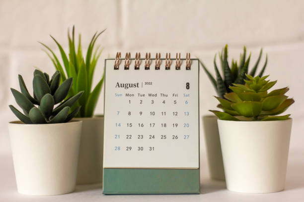 istock Desktop calendar for August 2022 on the table.Calendar for planning. 1397748063