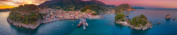 panoramic view of scenic parga city, greece - parga bildbanksfoton och bilder