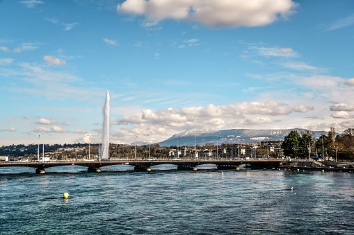 Beautiful Jet d'Eau And Bridge On Lake Geneva In Geneva, Switzerland