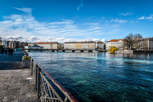 Famous Buildings And Quayside Near Rhône River At The Center Of Geneva, Switzerland