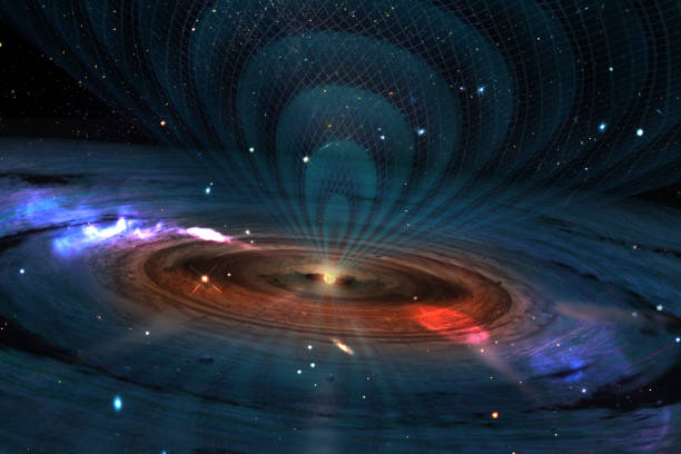 Mysterious black hole, energy gravitation grid interlaced in distant space. Sci fi background. Elements of this image furnished by NASA. stock photo