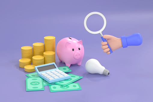 3D. hand holding magnifying glass and piggy bank, coins, banknotes and calculator. business saving.